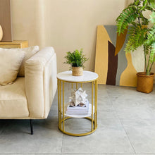 Load image into Gallery viewer, Gold Side End Table, 2 Tier Round Marble Side Table with Storage Shelf Modern