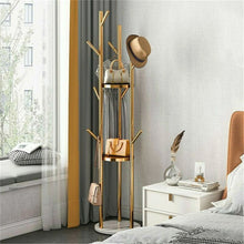 Load image into Gallery viewer, Modern Metal Coat Rack Free Standing Hat Hanger 9 Hooks 2 Storage Shelves Gold