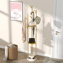 Load image into Gallery viewer, Modern Metal Coat Rack Free Standing Hat Hanger 9 Hooks 2 Storage Shelves Gold