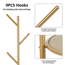 Load image into Gallery viewer, Modern Metal Coat Rack Free Standing Hat Hanger 9 Hooks 2 Storage Shelves Gold