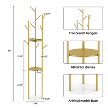 Load image into Gallery viewer, Modern Metal Coat Rack Free Standing Hat Hanger 9 Hooks 2 Storage Shelves Gold