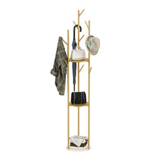 Load image into Gallery viewer, Modern Metal Coat Rack Free Standing Hat Hanger 9 Hooks 2 Storage Shelves Gold