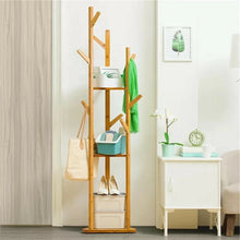 Load image into Gallery viewer, Sturdy Natural Bamboo Tree Garment Clothes Coat Hat Hanger Stand Rack w/ Shelves