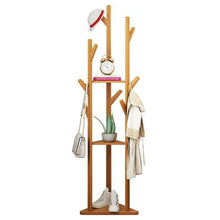 Load image into Gallery viewer, Sturdy Natural Bamboo Tree Garment Clothes Coat Hat Hanger Stand Rack w/ Shelves