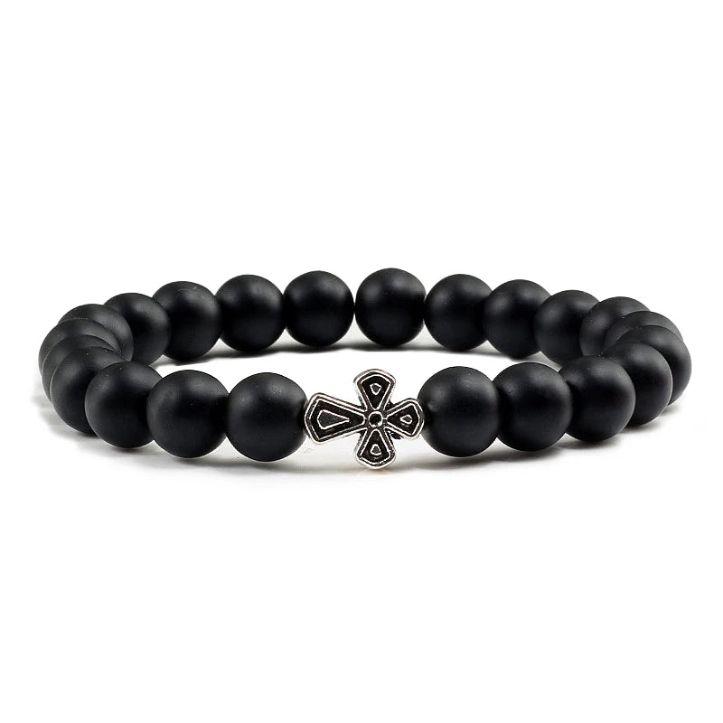 New Natural Stone Lava Beaded Bracelet for Men Women Alloy Christian Jesus Cross Bracelets Bangles Yoga Prayer Fashion Jewelry
