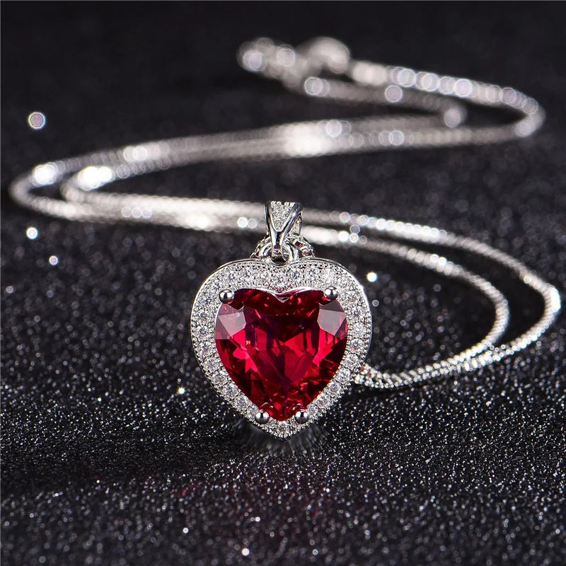 Bright Crystal Red Heart Pendant Necklace For Lady Engagement Accessories Trendy 925 Silver Necklace Choker Women Jewelry Gift