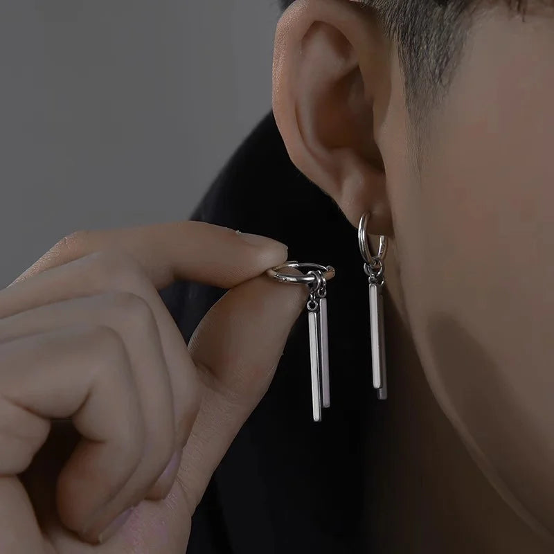 Trendy Men Earrings Minimalist Long Strip Double Stick 925 Sterling Silver Ear Buckle Male Cool Personality Dropping Earrings