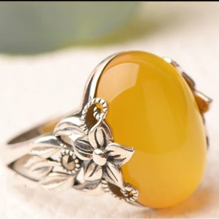 Vintage Jade Egg-shaped Ring Female Index Finger Accessories Temperament Flower Ring Women Jewelry Adjustable