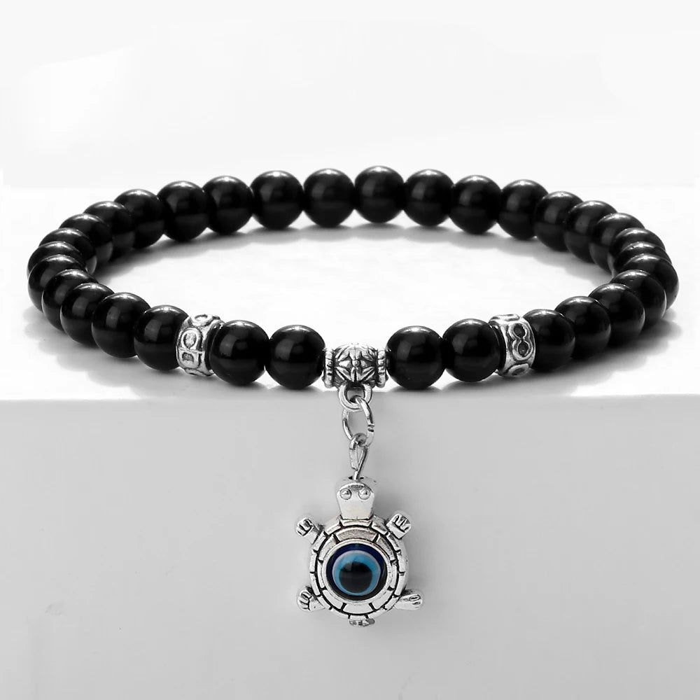 New 6MM Black Polish Beaded Bracelet Lucky Turkish Evil Eye Alloy Pendant Couple Bracelet&Bangles Chain Jewelry Gift for Friend