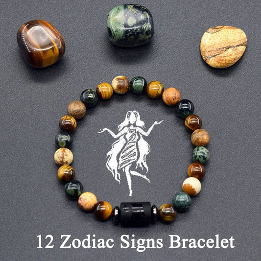 12 Zodiac Constellation Signs Bracelets for Men Women Real Natural Tiger Eye Sparrow Picture Stone Bead Bracelet Leo Taurus Gift