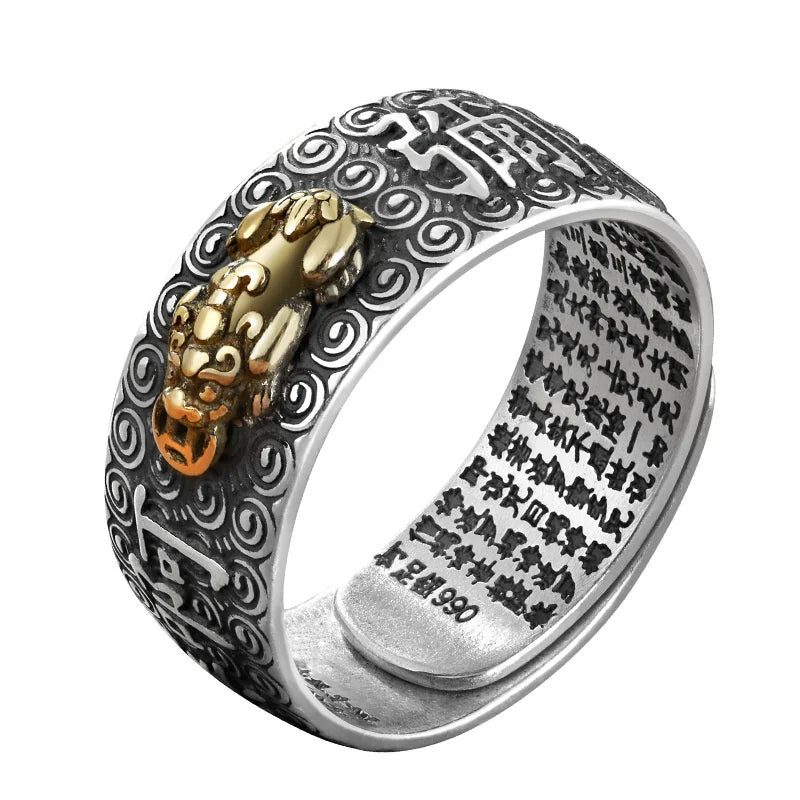 Namo Amitabha Lotus Ring For Men Jewelry Retro Dragon Buddha Buddhist Heart Sutra Ring Male Index Finger Accessories Open Size
