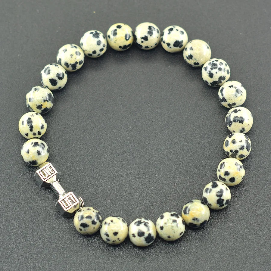 Natural Volcanic Stone Bracelet Men Matte Black Lava Obsidian Beads Charm Dumbbell Strand Bracelet Women Barbell Fitness Jewelry