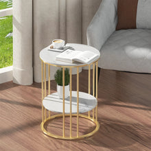Load image into Gallery viewer, Gold Side End Table, 2 Tier Round Marble Side Table with Storage Shelf Modern
