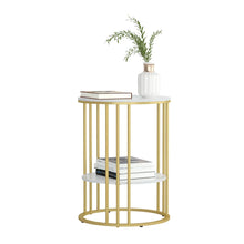 Load image into Gallery viewer, Gold Side End Table, 2 Tier Round Marble Side Table with Storage Shelf Modern
