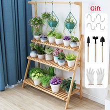 Load image into Gallery viewer, Bamboo Shelf Folding 3 Tier Ladder Book Plant Stand With Hanging Bar Multi Use
