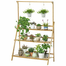 Load image into Gallery viewer, Bamboo Shelf Folding 3 Tier Ladder Book Plant Stand With Hanging Bar Multi Use
