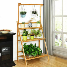 Load image into Gallery viewer, Bamboo Shelf Folding 3 Tier Ladder Book Plant Stand With Hanging Bar Multi Use
