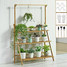 Load image into Gallery viewer, Bamboo Shelf Folding 3 Tier Ladder Book Plant Stand With Hanging Bar Multi Use
