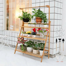 Load image into Gallery viewer, Bamboo Shelf Folding 3 Tier Ladder Book Plant Stand With Hanging Bar Multi Use
