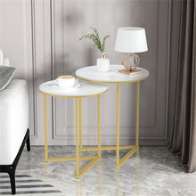 Load image into Gallery viewer, Gold Metal Nesting Tables Stackable Set Of 2 End Tables Side Tables Marble Top
