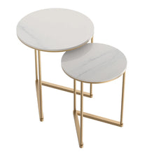 Load image into Gallery viewer, Gold Metal Nesting Tables Stackable Set Of 2 End Tables Side Tables Marble Top
