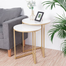Load image into Gallery viewer, Gold Metal Nesting Tables Stackable Set Of 2 End Tables Side Tables Marble Top
