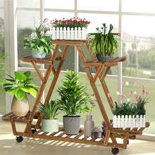 Load image into Gallery viewer, Indoor Outdoor Plant Stand Flower Pot Holder Rack Wood Shelf Wheels Heavy Duty
