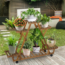 Load image into Gallery viewer, Indoor Outdoor Plant Stand Flower Pot Holder Rack Wood Shelf Wheels Heavy Duty
