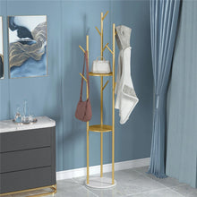 Load image into Gallery viewer, Modern Metal Coat Rack Free Standing Hat Hanger 9 Hooks 2 Storage Shelves Gold
