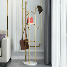 Load image into Gallery viewer, Modern Metal Coat Rack Free Standing Hat Hanger 9 Hooks 2 Storage Shelves Gold
