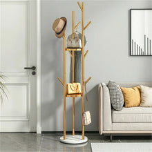 Load image into Gallery viewer, Modern Metal Coat Rack Free Standing Hat Hanger 9 Hooks 2 Storage Shelves Gold
