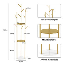 Load image into Gallery viewer, Modern Metal Coat Rack Free Standing Hat Hanger 9 Hooks 2 Storage Shelves Gold

