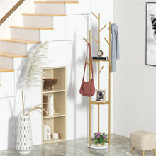 Load image into Gallery viewer, Modern Metal Coat Rack Free Standing Hat Hanger 9 Hooks 2 Storage Shelves Gold
