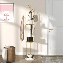 Load image into Gallery viewer, Modern Metal Coat Rack Free Standing Hat Hanger 9 Hooks 2 Storage Shelves Gold
