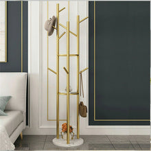 Load image into Gallery viewer, Modern Metal Coat Rack Free Standing Hat Hanger 9 Hooks 2 Storage Shelves Gold
