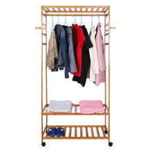 Load image into Gallery viewer, 3 Tier Clothes Rack Heavy Duty Wood Garment Shelves Rolling Wheels Side Hooks US
