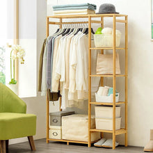 Load image into Gallery viewer, 6 Tier Bamboo Garment Rack Storage Shelves Clothes Hanging Wardrobe Closet Stand
