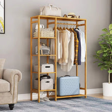 Load image into Gallery viewer, 6 Tier Bamboo Garment Rack Storage Shelves Clothes Hanging Wardrobe Closet Stand
