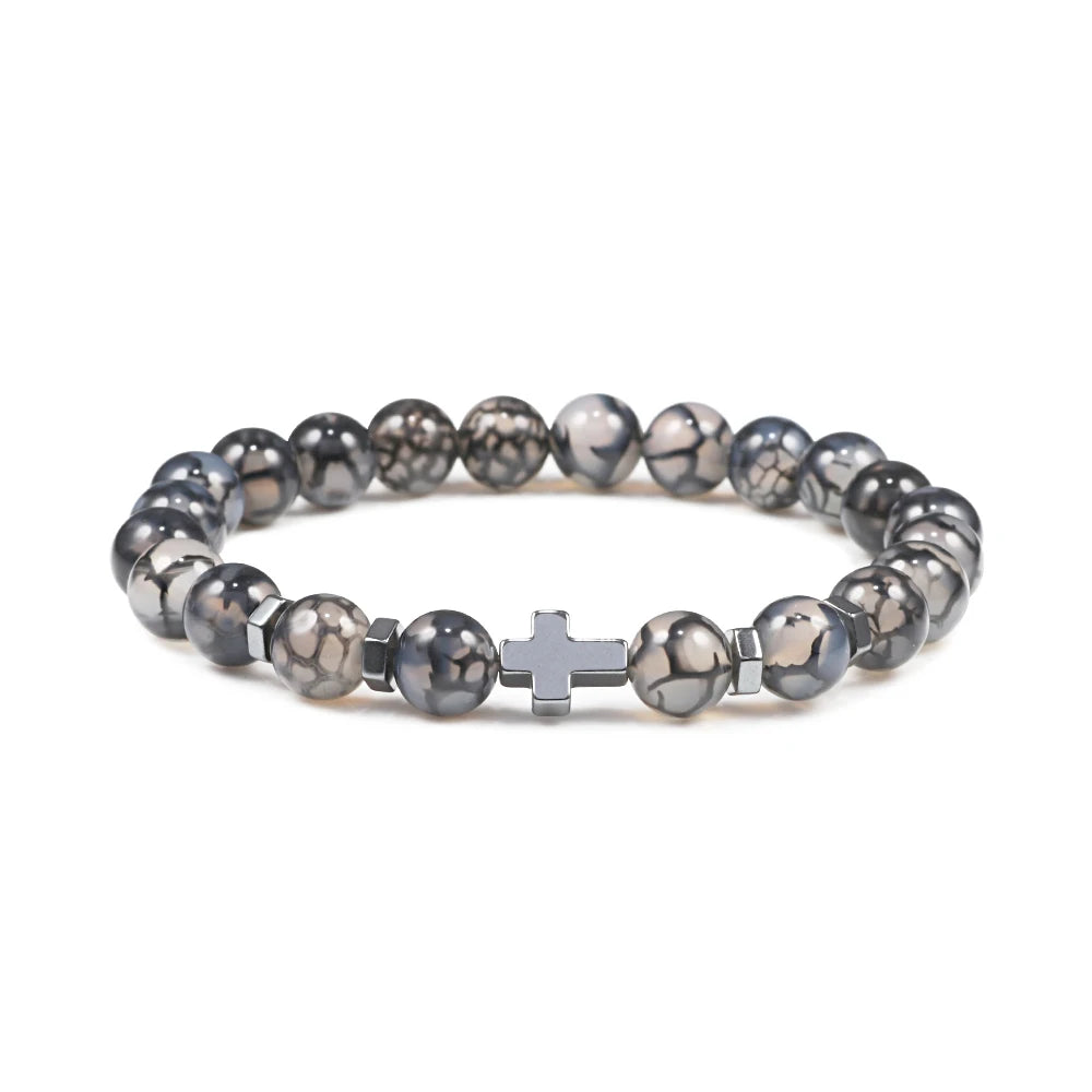 Prayer Men Women Bracelet Hematite Cross Rosary Natural Stone Beads Jesus Onyx Meditation Bracelets Bangles Jewelry Gift Pulsera