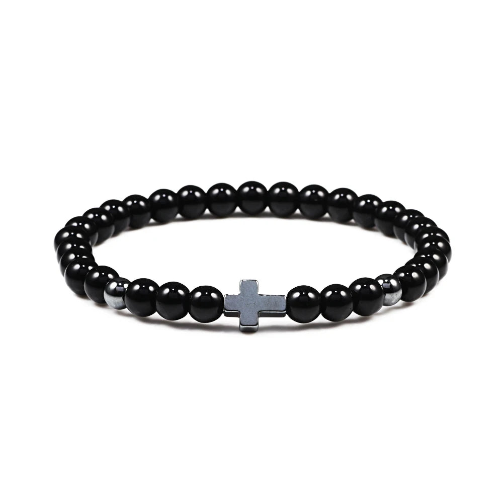 Natural Lava Stone Bead Bracelet Men Prayer Meditation Hematite Cross Jesus Thin Couple Bangles Pulsera Jewelry Gifts for Friend