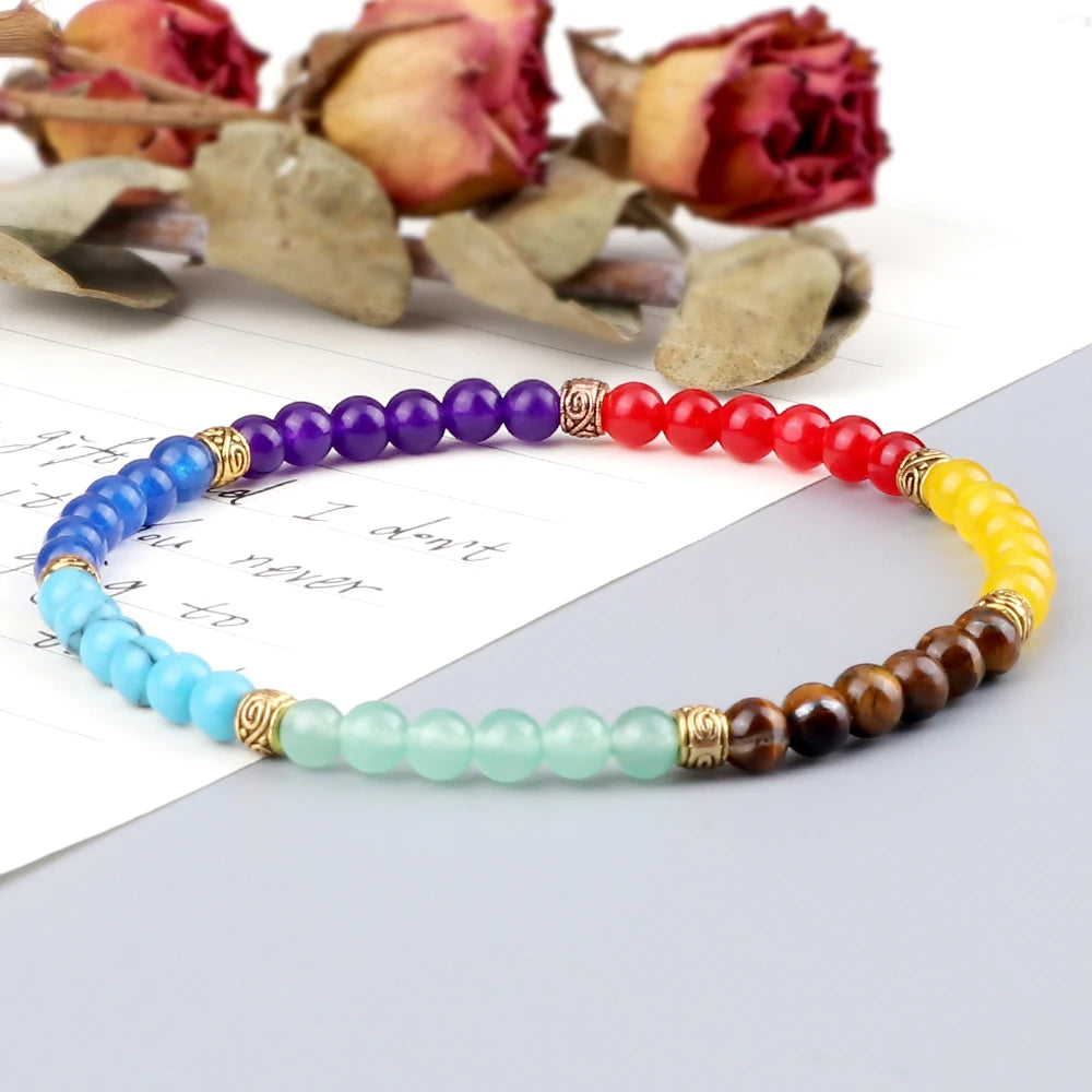 Minimalist 4 6MM 7 Chakra Natural Stone Bracelet Women Yoga Elastic Rope Bracelets Couple Adjustable Braided Bangles Jewelry New