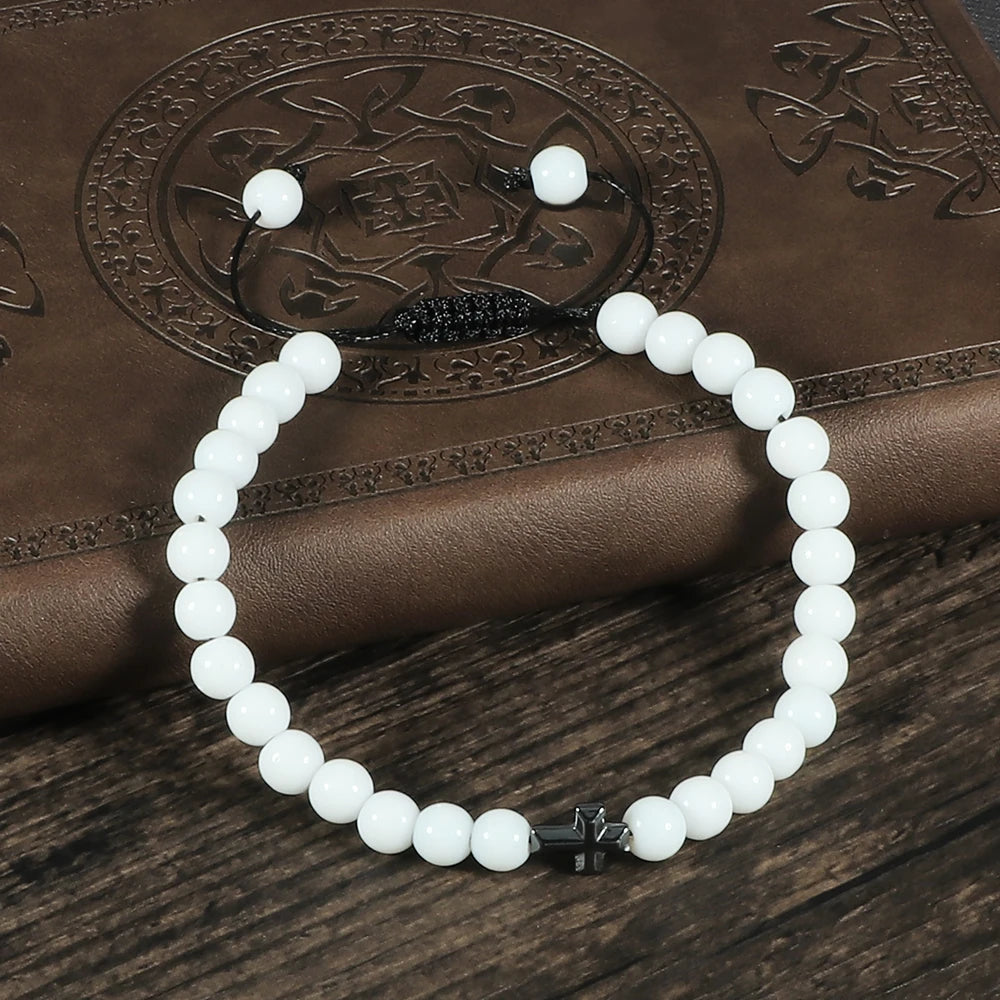 Charm 6mm Natural Stone Beads Braided Bracelet Prayer Men Women Christian Jesus Bless Cross Bracelets Bangles Friendship Jewelry