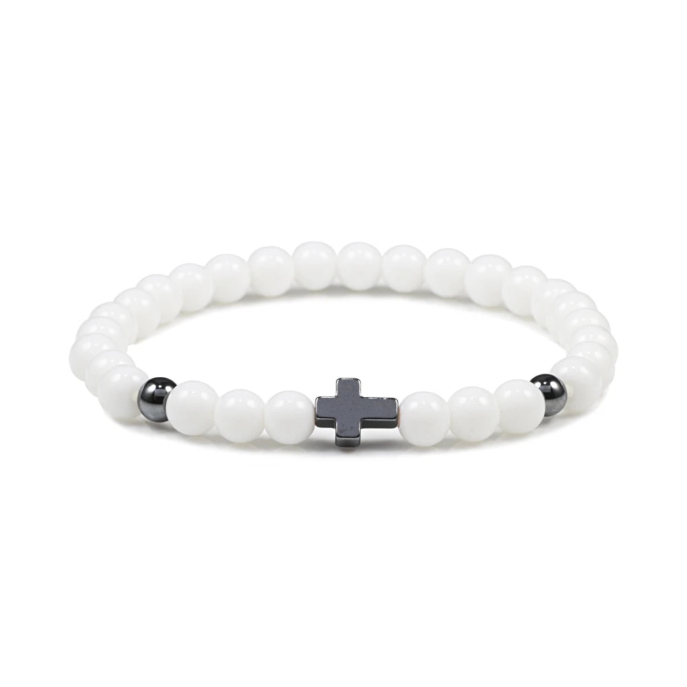Prayer Men Women Bracelet Hematite Cross Rosary Natural Stone Beads Jesus Onyx Meditation Bracelets Bangles Jewelry Gift Pulsera