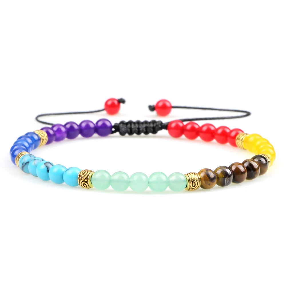 Minimalist 4 6MM 7 Chakra Natural Stone Bracelet Women Yoga Elastic Rope Bracelets Couple Adjustable Braided Bangles Jewelry New