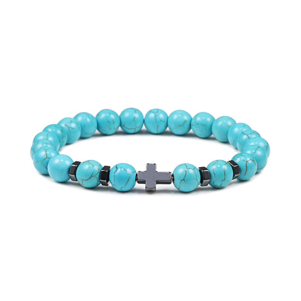 Prayer Men Women Bracelet Hematite Cross Rosary Natural Stone Beads Jesus Onyx Meditation Bracelets Bangles Jewelry Gift Pulsera