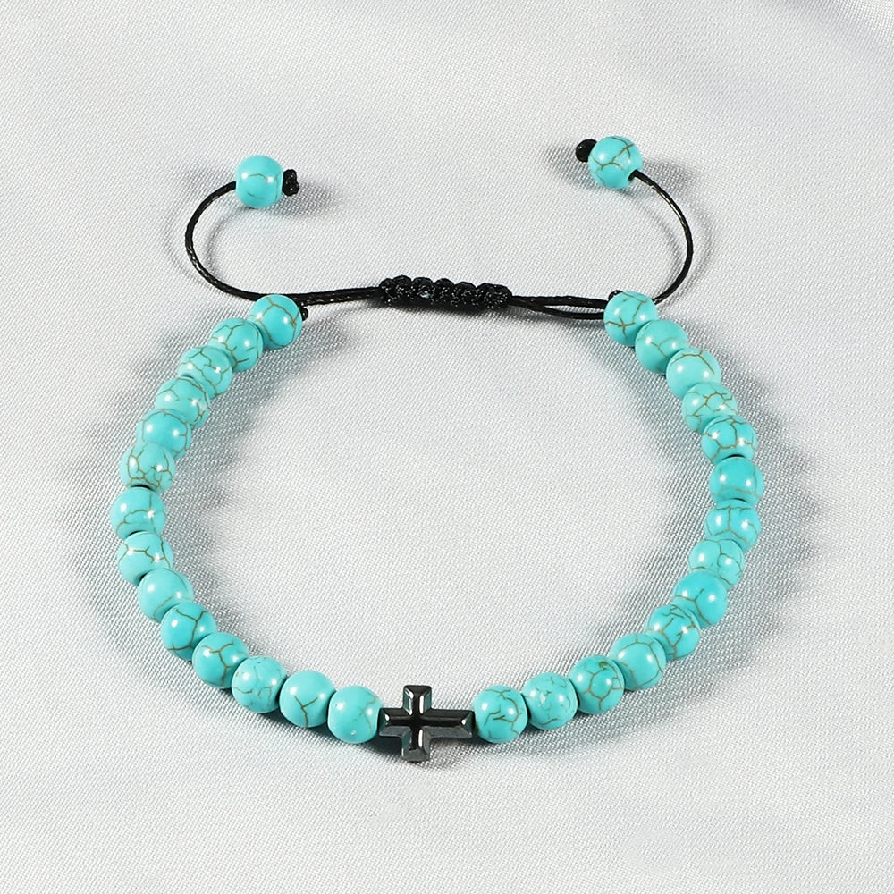 Charm 6mm Natural Stone Beads Braided Bracelet Prayer Men Women Christian Jesus Bless Cross Bracelets Bangles Friendship Jewelry