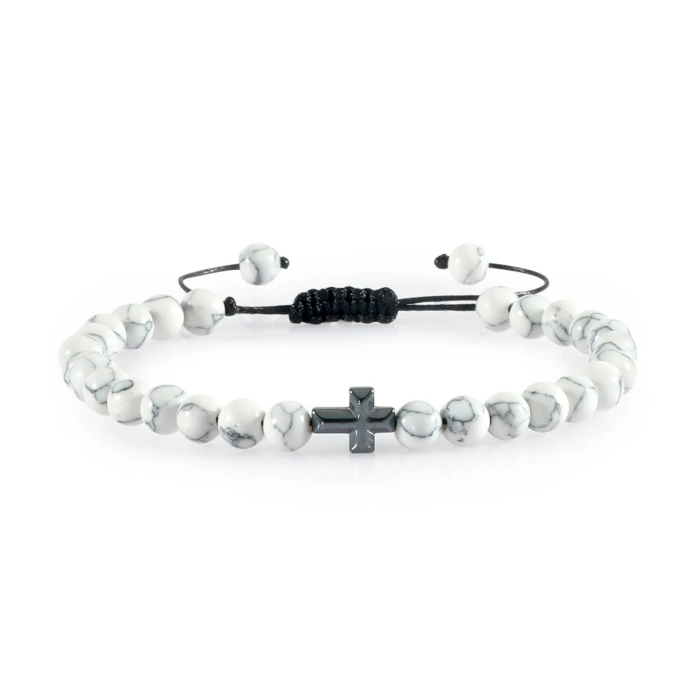 Charm 6mm Natural Stone Beads Braided Bracelet Prayer Men Women Christian Jesus Bless Cross Bracelets Bangles Friendship Jewelry