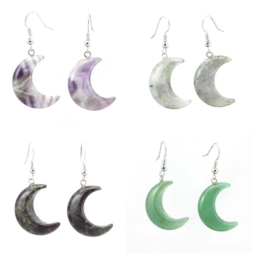 Natural Crystal Stone Crescent Moon Pendant Healing Crystals Quartz Reiki Labradorite Earrings Pendant Necklace For Women Girls