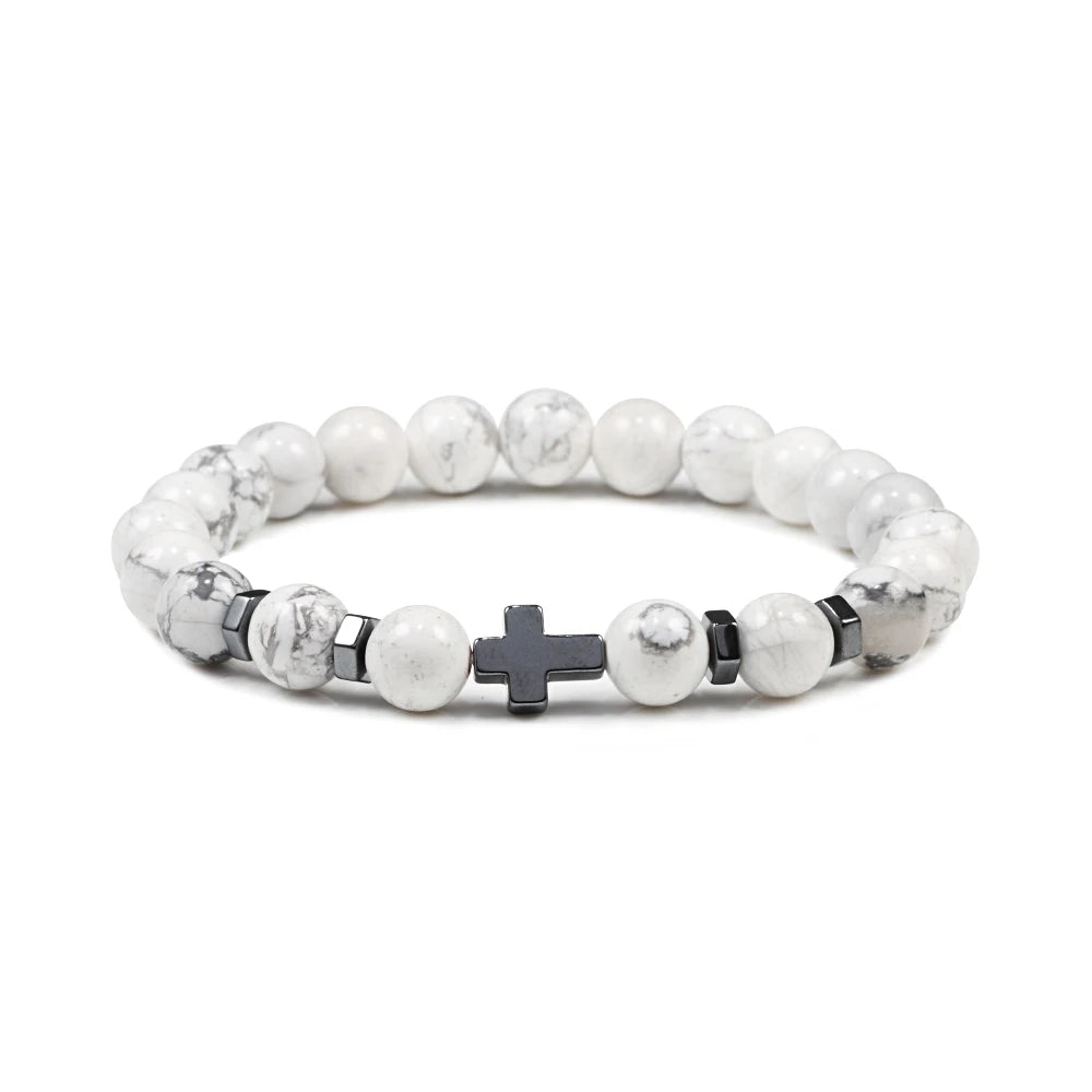 Prayer Men Women Bracelet Hematite Cross Rosary Natural Stone Beads Jesus Onyx Meditation Bracelets Bangles Jewelry Gift Pulsera