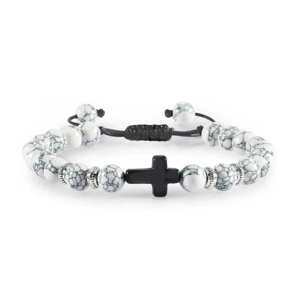 Prayer Men Women Bracelet Hematite Cross Rosary Natural Stone Beads Jesus Onyx Meditation Bracelets Bangles Jewelry Gift Pulsera